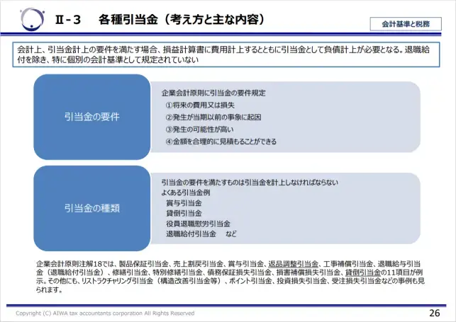 引当金の４要件と種類（2024/2/27 IPO塾「IPOでこう変わる。税務会計から財務会計へ－入門編－」講演資料より抜粋）